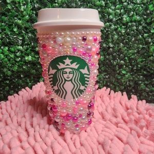 Pink and White pearl and rhinestone Starbucks hot cup